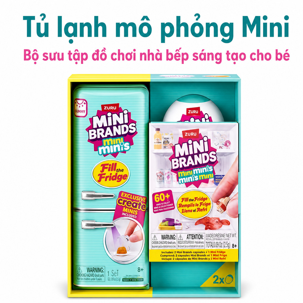 ZURU Mini Tủ Lạnh Đồ Chơi, mô phỏng thực phẩm đa dạng, đồ chơi chơi nhà cho bé, rèn luyện tư duy sáng tạo trẻ nhỏ