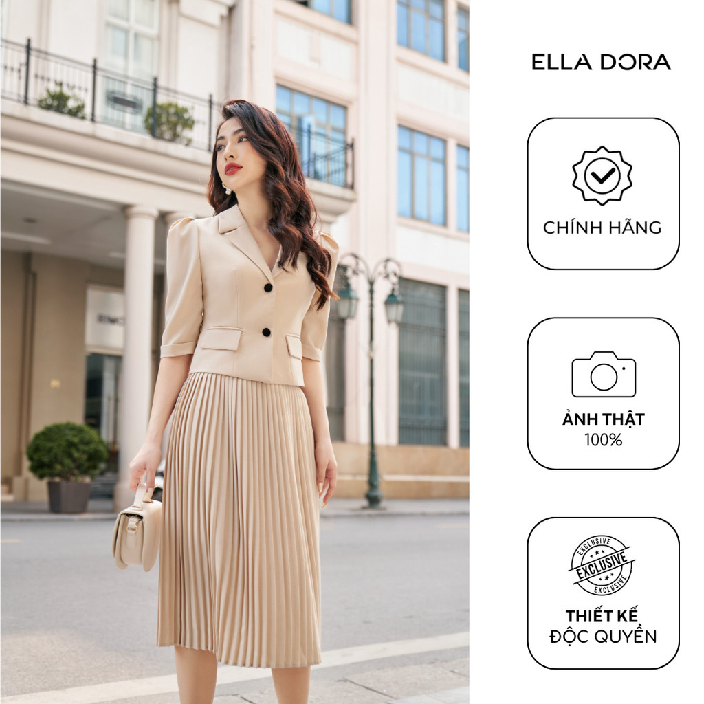 Set đồ công sở ELLA DORA áo cổ ve tay bồng phối chân váy xếp ly form gọn thanh lịch [AK22 + CLT06]