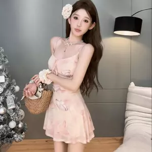 Đầm đeo hoa phong cách Pháp Nữ mùa hè Pure Desire Style Hot Girl Eo hẹp Slimmer Look Váy ngắn bên trong đẹp hơn