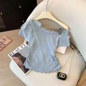 Pure Desire Sweet Ren Ren Slanted Vai Nữ Mang Thai Áo Thun Nữ Mùa Hè Phong Cách Mới Thắt Nơ Phong Cách Hàn Quốc Eo Top