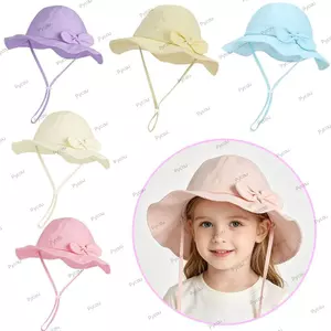 PYCOU Bé Gái Mũ Chống Nắng, Vành Rộng Chống Nắng Cho Bé, Nút Bướm Dễ Thương Thoáng Khí Có Thể Gập Lại Có Dây Đeo Mũ Xô Phụ Kiện Mùa Hè Cho Bé