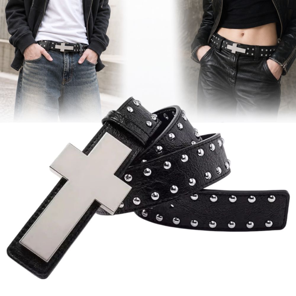 Thắt lưng đinh tán NKSFX, Thắt lưng chữ thập Gothic Hip Hop Punk, Da PU hợp thời trang Y2K Retro Dạo phố Thắt lưng cho nam nữ Quần jean