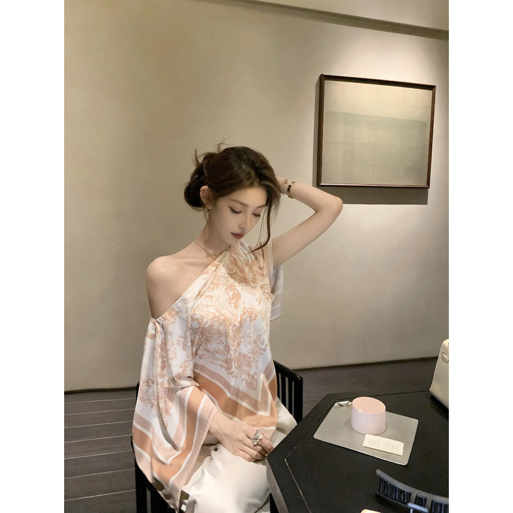Milyfashion Áo Sơ Mi Mùa Hè Màu Hồng In Hình Slanted Vai Đảo Phong Cách Kỳ Nghỉ Phong Cách Mới TERZ