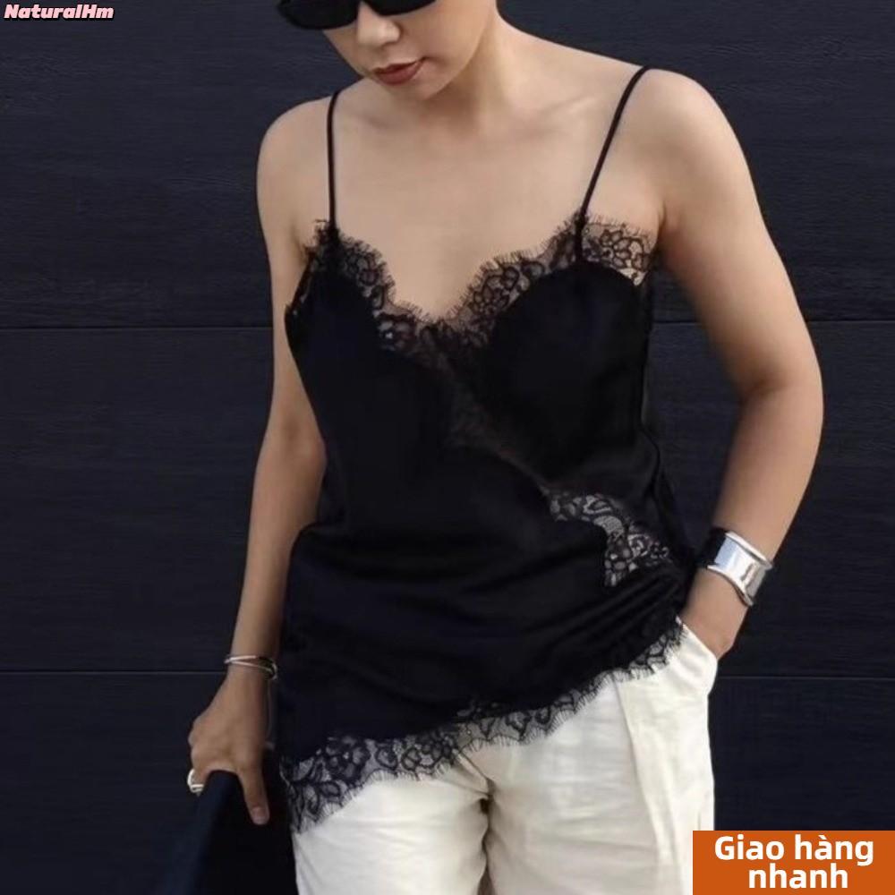 Áo chắp vá ren NATURALHM, Áo không tay ren bất đối xứng, Áo hai dây hở lưng cổ chữ V sang trọng sang trọng Trang phục mùa hè