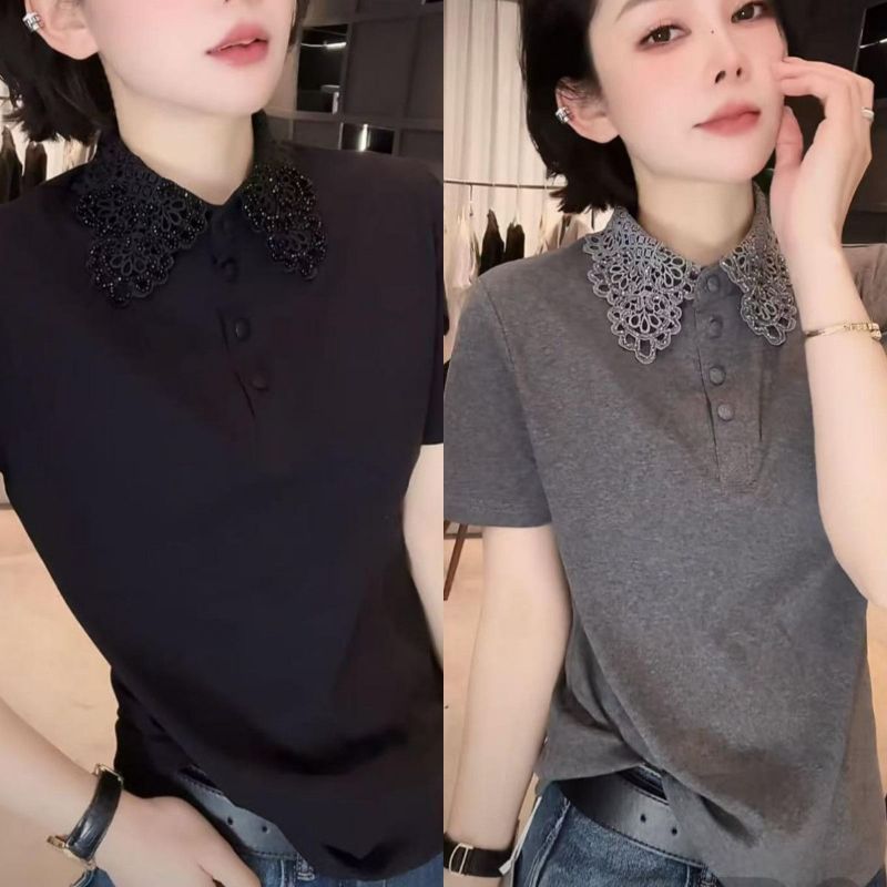 Áo thun ngắn tay áo polo nữ mùa hè thời trang mới cổ rỗng thông thường dành cho nữ