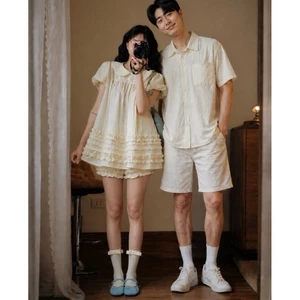 Set đồ đôi nam nữ couple set váy cổ sen babydoll kèm quần và áo sơmi nam tay cộc( không quần nam)chất gió nhăn