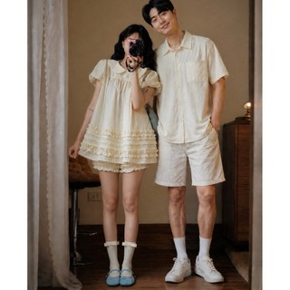 (S - 89) Set đồ đôi nam nữ couple set váy cổ sen babydoll kèm quần và áo sơmi nam tay cộc( không quần nam)chất gió nhăn