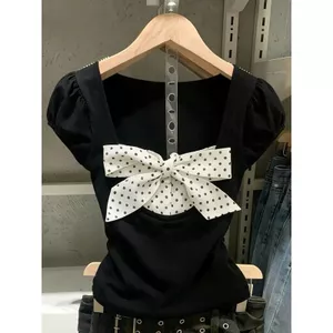 Áo thun ngắn tay khâu chấm bi thiết kế Sense Bowknot dành cho nữ Mùa hè Phong cách mới Slim-fit Slimmer Look Hàn Quốc
