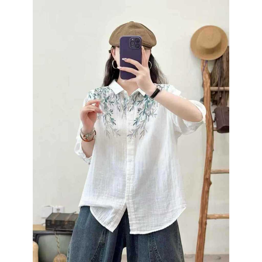 [Hàng có sẵn] Áo sơ mi nữ Cotton cao cấp dáng rộng tay ngắn in họa tiết lá tre phong cách Hàn Quốc
