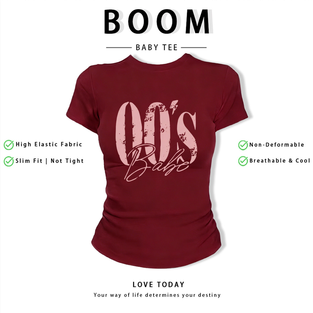 BOOM Áo Baby Tee Nữ Cotton Ôm Body-Áo Thun Ngắn Tay Y2K In Hình PhongCách Mùa Hè, Cổ Tròn Hàng Đầucách hàn quốc phong058