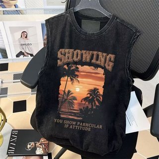 Áo thun Cotton không tay nam mùa hè hợp thời trang dáng rộng vừa vặn phong cách đi biển thông thường