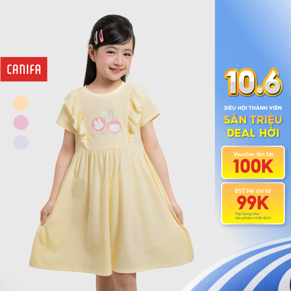 Váy liền bé gái CANIFA cộc tay dáng babydoll phối bèo có hình in 1DS26S003