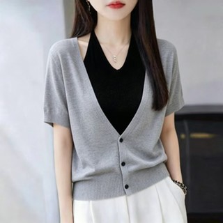 Size Lớn Phong Cách Hàn Quốc Rời Dệt Kim Tay Ngắn Nữ Đơn Giản Đi Lại Ngày Lễ Hai Mảnh Dây Màu Xám Mùa Hè T