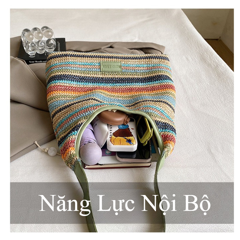 Túi Cói Đan Hè Thời Trang Nữ Túi Xách Túi Đeo Chéo,Màu Tương Phản,Sọc Lớn,Dung Tích Lớn,Đi Biển