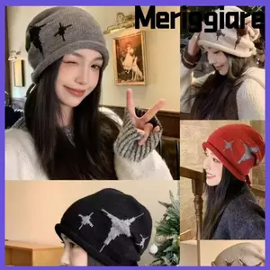 Mũ beanie dệt kim MERIGGIARE, Mũ beanie dây rút họa tiết ngôi sao chống gió, Thời trang chống lạnh Giữ ấm Mũ bảo vệ tai dày dặn ngoài trời