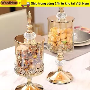 Lọ Kẹo GỖ, Thủy Tinh Pha Lê Có Nắp Bảo Quản Bình, Vàng Bạc Châu Âu Chân Cao Để Bàn Đồ Trang Trí Nghệ Thuật Trang Trí Nhà Cửa