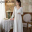 Phụ Nữ Cổ Chữ V Màu Trắng Chắc Chắn Cotton Công Chúa Váy Ngủ Nữ Váy Ngủ Đồ Ngủ