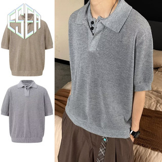 Áo thun polo nam ESEA tay ngắn họa tiết Mỹ dệt kim giả hai mảnh phong cách trung tính