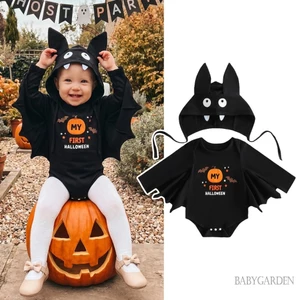 Bé Trai Halloween Bí Ngô In Chữ Cổ Tròn Tay Dài Cánh Dơi Romper Có Mũ