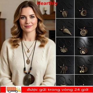 HEARTHLY Vòng cổ dài da gỗ handmade phong cách boho, mặt lá rỗng cho nam