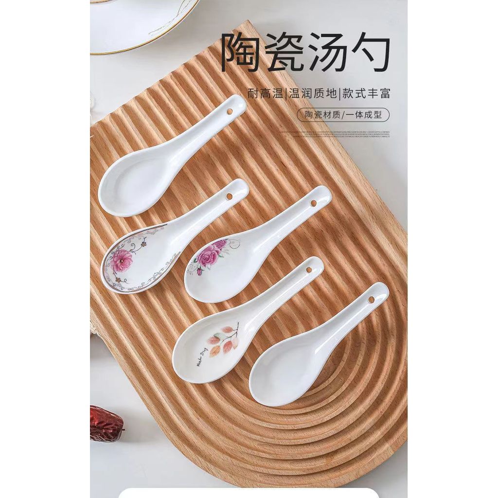 Thìa Canh Gốm Đáy Bằng Thìa Hộ Gia Đình Thìa Uống Súp Khách Sạn Nhà Hàng Xương Trung Quốc Thìa Sáng Tạo Hai Kim