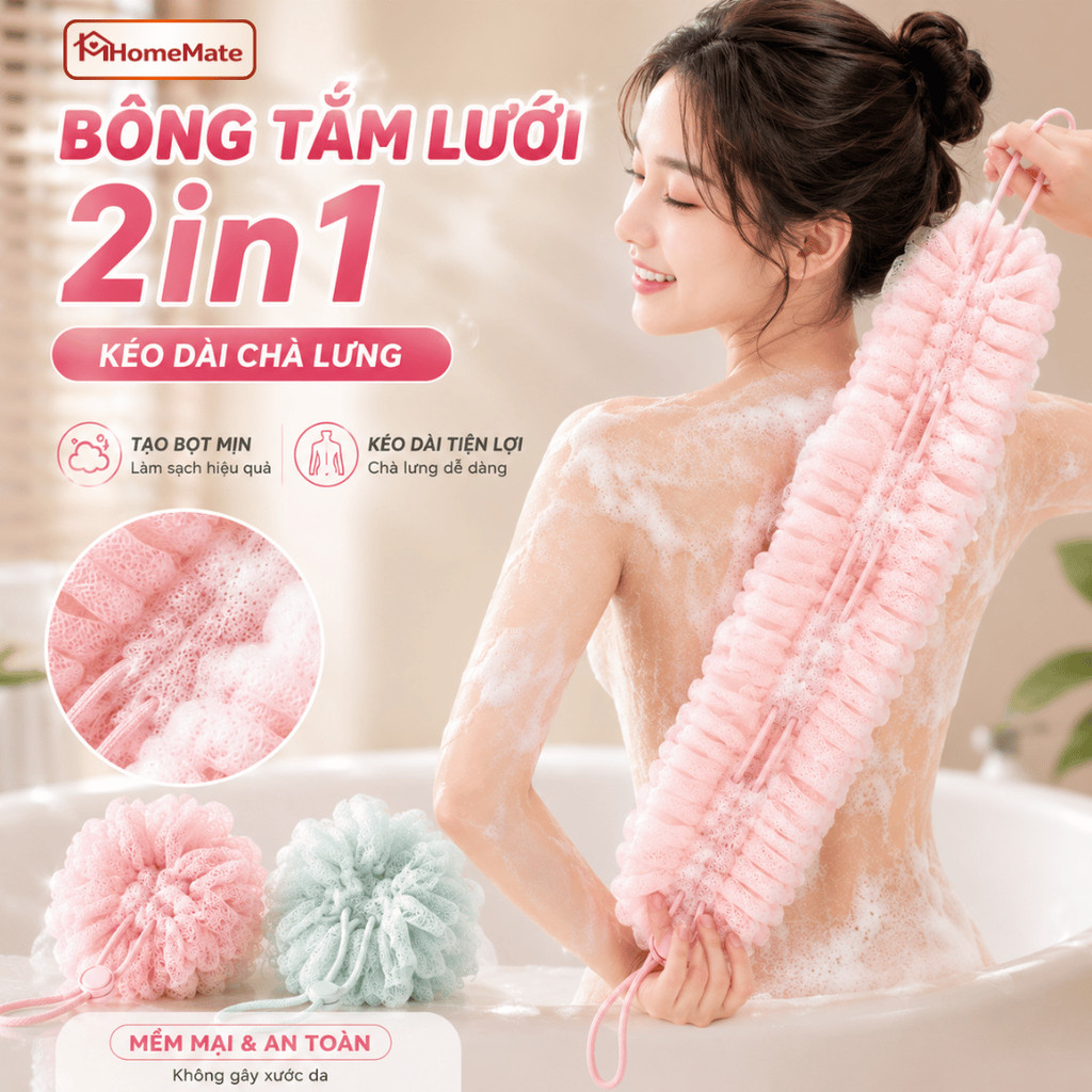 Bông Tắm Chà Lưng HomeMate 2in1 Kéo Dài Tạo Bọt, Bông Tắm Lưới Nylon Mềm Mịn Không Xù Nâng Cấp