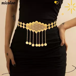 Thắt lưng cô dâu Trung Đông NICOLOO, Dây thắt lưng đồng xu vàng tua rua rỗng, Dây đai tua rua có thể điều chỉnh hình học thời trang Lễ cưới