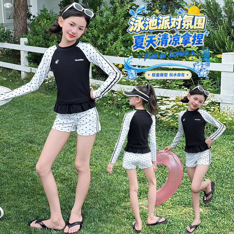 Bộ đồ bơi dài tay chấm bi mùa hè cho bé gái 2026 Áo thun trẻ em phong cách mới + Quần short ren Đồ bơi