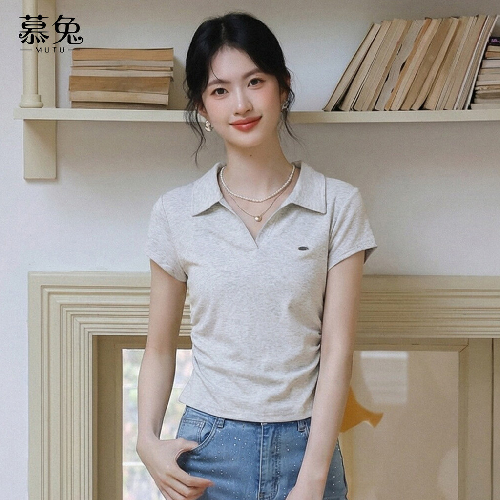 Mutu Phong Cách Hàn Quốc Màu Xám polo Cổ Áo Thun Tay Ngắn Phong Cách Mới Nữ Nhỏ Slim-Fit Ôm Hơn Nhìn Ngắn Top TU344