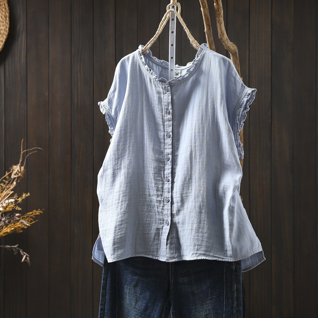 [Sẵn sàng] Áo sơ mi nữ chất liệu cotton cao cấp, dáng rộng tay ngắn, mùa hè, thiết kế bay nhỏ trẻ trung