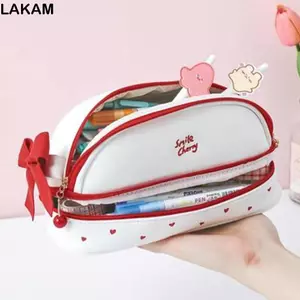 Bút chì LAKAM, Túi đựng bút chì dễ thương bằng da PU Smile Cherry, Túi đựng bút hai lớp hình gấu di động