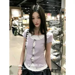 Áo thun ngắn tay hai mảnh hoa giả dành cho nữ mặc mùa hè nơ áo thun phong cách Hàn Quốc Slim-Fit Slim-Fit Slimmer Look Preppy Style Top