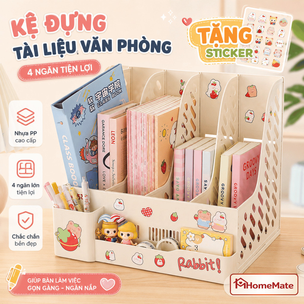 (Tặng Sticker) Kệ Đựng Tài Liệu A4 HomeMate 4 Ngăn Kèm Khay Đựng Bút, Kệ Để Sách Vở Văn Phòng Gấp Gọn Để Bàn
