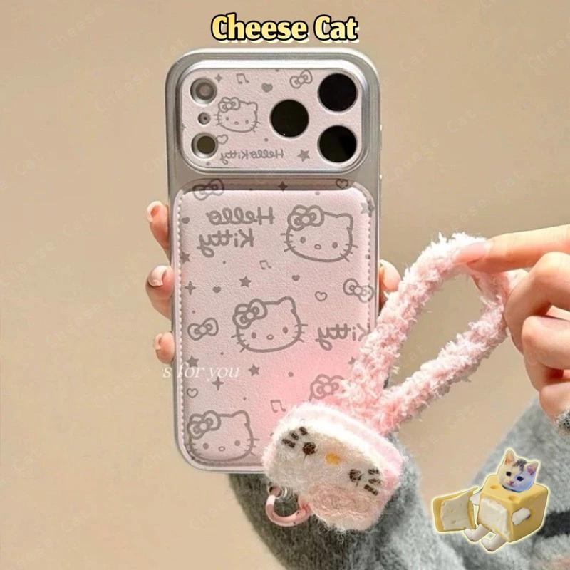 Ốp điện thoại dây nhung + da Kitty màu hồng cho iPhone 17 Pro Max lớp nền cho iPhone 16 15 14 13 12 11 XR Xs
