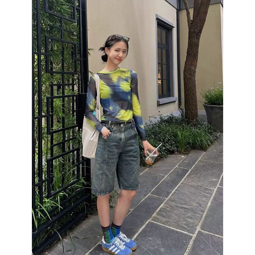 Milyfashion Loose High-Stretch Summer Thin Mesh Ice Silk Kem Chống Nắng T Dài Tay Đáy Tie-Dye All-Match Gợi Cảm Top