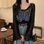 Retro Bướm Thêu Cổ Tròn loe Dài Tay Dệt Kim Nữ Xuân Thu Thiết Kế Ngắn Lười Rời Đáy Áo Sơ Mi