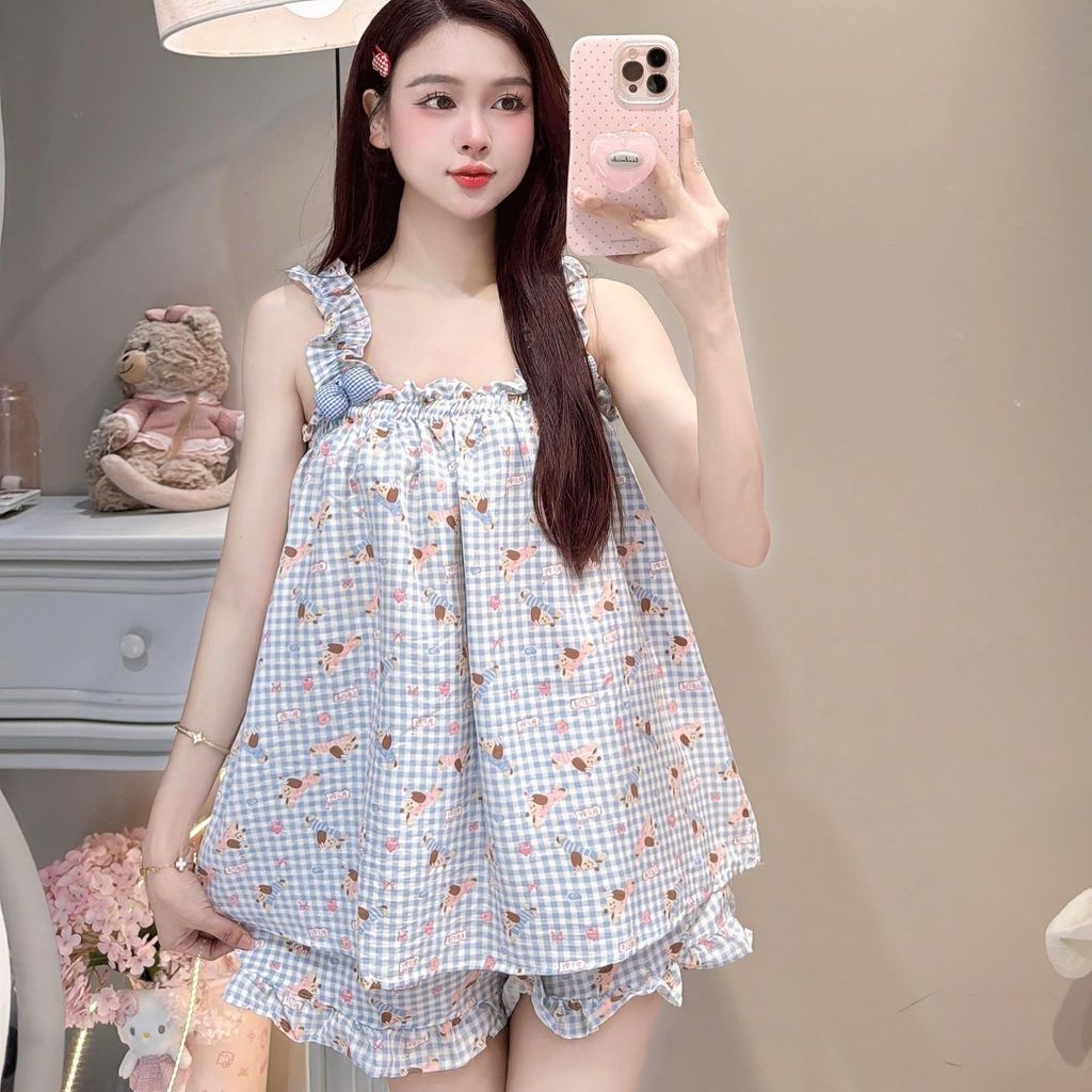 Bộ Đồ Ngủ Nữ JUSOKA  Pijama DU54 Đũi Vân Mây 2 Dây Viền Bèo Đính Nơ Mềm Mịn Cao Cấp Thoải Mái Dễ Thương