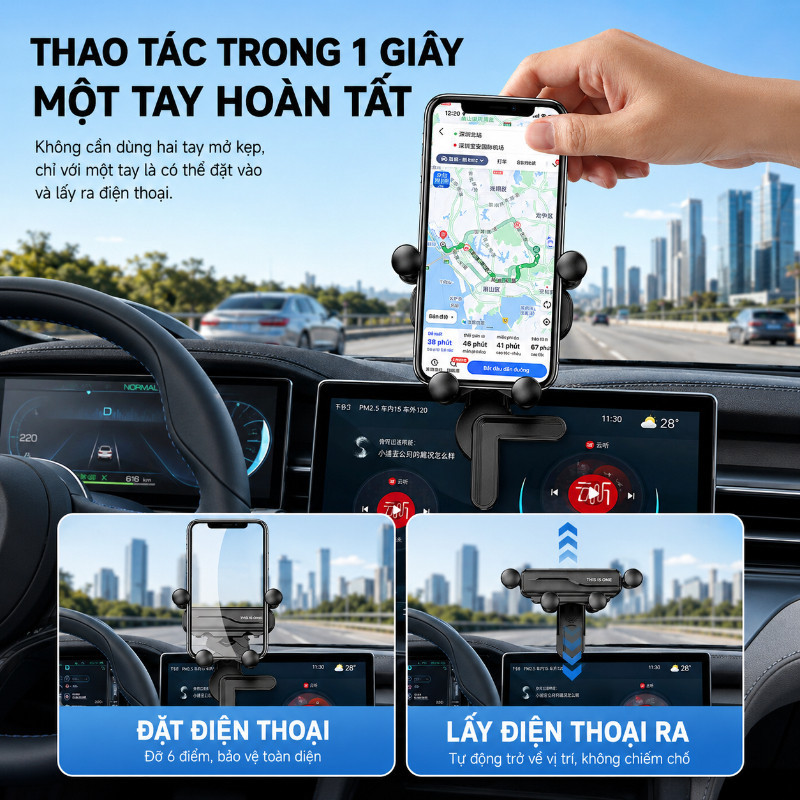 Giá đỡ điện thoại ô tô kẹp màn hình, xoay 360°, khóa tự động chắc chắn, hỗ trợ xem bản đồ