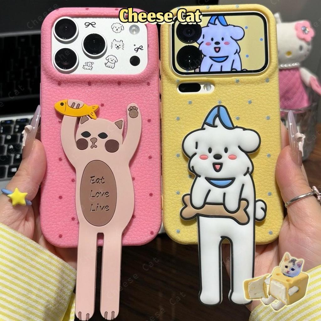 Ốp điện thoại bằng da hình cặp đôi chó mèo chân dài có thể gập lại cho iPhone 17 16 15 14 11 12 13 Pro Max Xs Max 7Plus