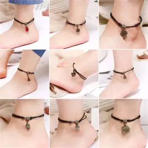 Nữ Bohemia Retro Mặt Dây Chuyền Vòng Chân Thời Trang Đơn Giản Dây Bện Màu Đỏ Vòng Chân