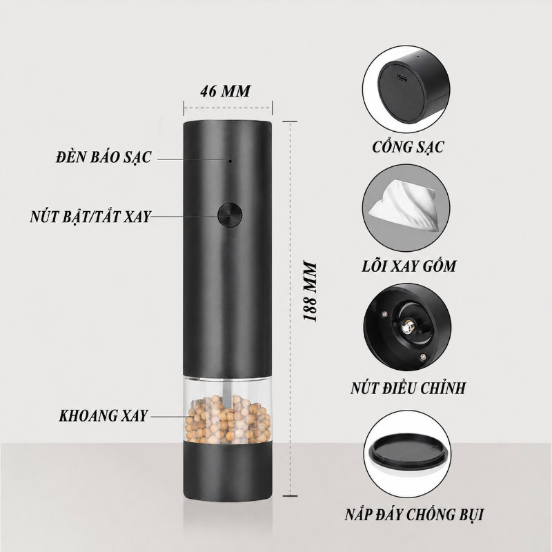 Máy Xay Tiêu điện, Sạc Type-C, Lõi Xay Bằng Gốm, điều Chỉnh độ Mịn, Xay Tiêu Muối Tự động