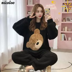 Bộ đồ ngủ ấm áp NICOLOO, Bộ đồ ngủ nữ mùa đông ngọt ngào thoải mái, Quần phù hợp họa tiết gấu phong cách hoạt hình và Quần áo gia đình Flannel hàng đầu dành cho nữ
