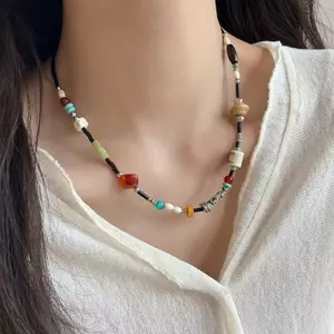 Mới Phong Cách Trung Quốc Màu Không Đều Đính Hạt Vòng Cổ Nữ Phong Cách Dân Tộc Retro Xương Đòn Dây Xích Phong Cách Cổ Đại Độc Đáo Phù Hợp Với Hợp Thời Trang