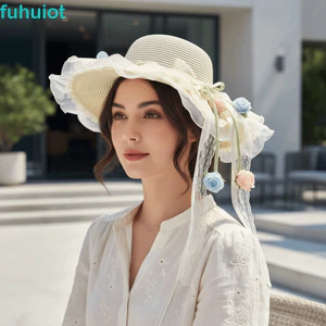 FUHUIOT Ruffle Edge Mũ Rơm, Chống Tia UV Lưới Thoáng Khí Dệt Mũ Chống Nắng, Mũ Panama Thiết Kế Nhẹ Ruy Băng Ren Hoa Hồng Thanh Lịch Rộng Vành Xô Mũ Tuần Trăng Mật Mùa Hè