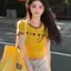 Thiết kế in chữ Màu sắc tương phản Cổ tròn tay ngắn ôm vừa vặn Áo thun ngắn Hot Girl