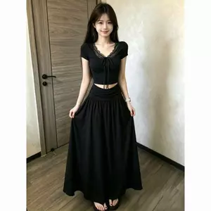 2026 Váy kiểu Pháp phong cách mới Bộ đồ hai mảnh thời trang màu xám đẹp Khâu ren váy dài mỏng cho nữ mùa hè