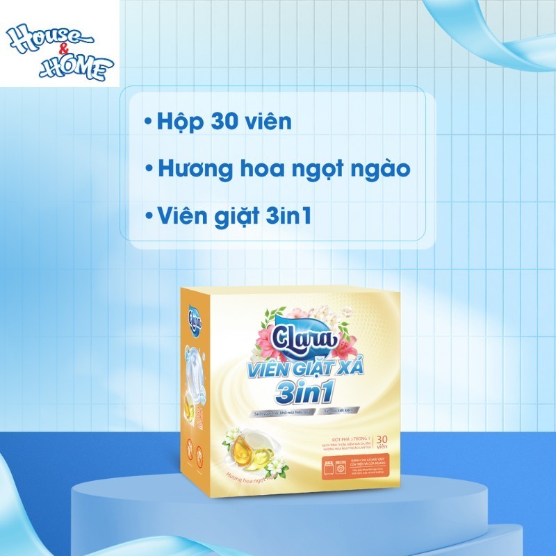 Combo 2 Hộp Viên Giặt Xả Clara 3 Trong 1 Hương Hoa Ngọt Ngào VGNN03, Sạch Sâu, Lưu Hương Dài Lâu, Hàng Chính Hãng