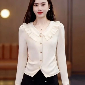 Mùa xuân ruffle cạnh thời trang giản dị giảm béo dài tay cổ búp bê nữ áo thun hàng đầu