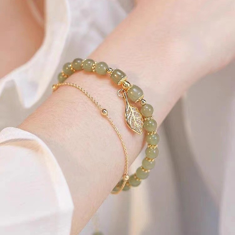 Vòng tay nữ "cành vàng và lá ngọc bích Hetian Jade 14K