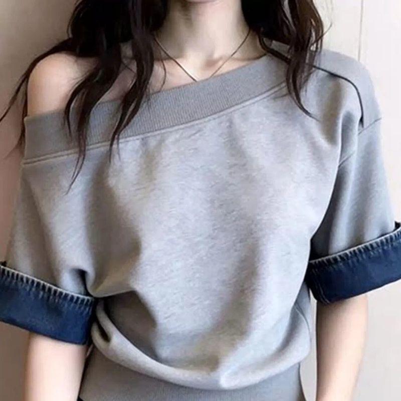 [Seckill trong thời gian có hạn] Áo thun ngắn tay trễ vai màu xám không va chạm Niche Thiết kế mùa hè dành cho nữ